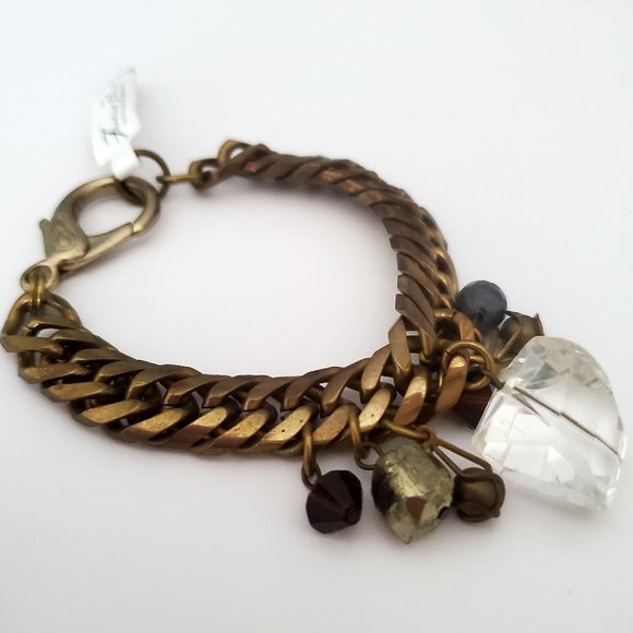 NWT * FREDRICK PRINCE Brass Cuban Chain Charm Bracelet Chunky Glass Stone Beads - Picture 1 of 4